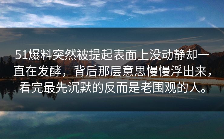 51爆料突然被提起表面上没动静却一直在发酵，背后那层意思慢慢浮出来，看完最先沉默的反而是老围观的人。